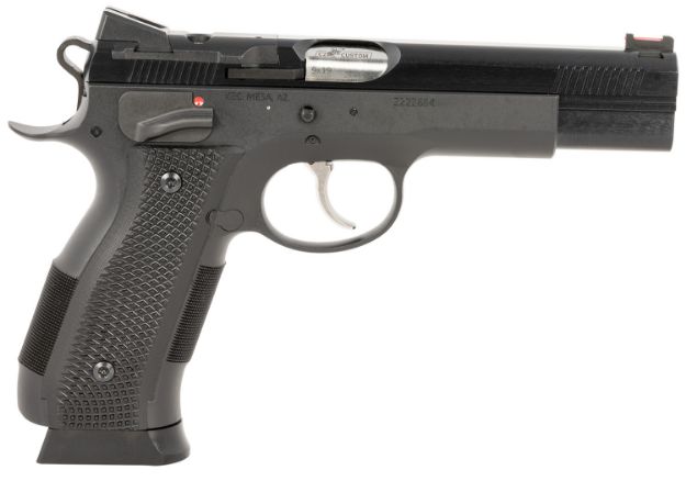 Picture of CZ-USA 91732 A01-SD Custom 9mm Luger 19+1 4.93" Blued Match Grade Bull Barrel, Blued Optic Ready/Serrated Slide, Blued Steel Frame w/Beavertail Black Checkered Polymer Grips