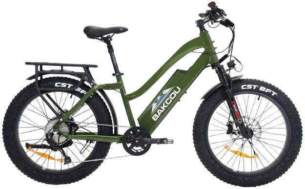 Picture of Bakcou E-bikes B-FST24-G-B17 Flatlander ST 24 Gloss Army Green 18" w/Stand Over Height of 26"/Frame Shimano Alivio Hill-Climbing 9 Speed Bafang 750W High-End Rear Hub Motor 25+ mph Speed