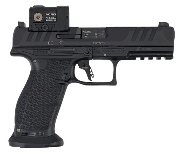 Picture of Walther Arms 2881225PRO PDP w/Optic Full Size Frame 9mm Luger 18+1 4.50" Polygonal Rifling Barrel Black Optic Ready/Serrated Steel Slide Black Polymer Frame w/Picatinny Rail, Aimpoint Acro Red Dot