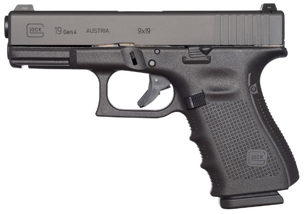 Picture of Glock UG1950203 G19 Gen4 Compact 9mm Luger 4.02" 15+1 Overall Black Finish with Steel Slide, Finger Grooved Rough Texture Interchangeable Backstraps Grip & Fixed Sights (US Made)