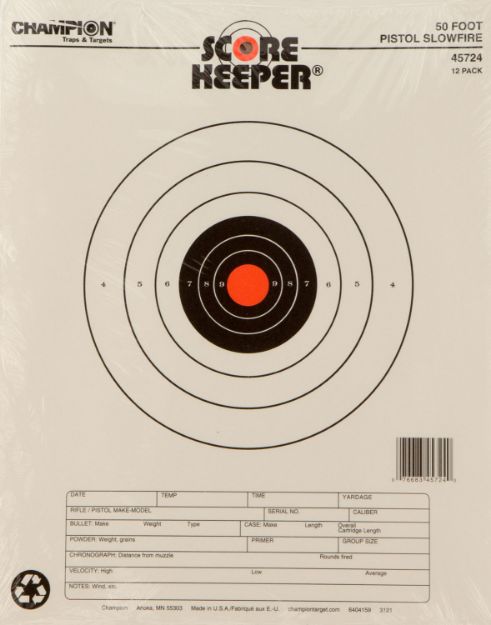 Picture of Champion Targets 45724 Score Keeper Slow Fire Bullseye Paper Hanging 50 foot Pistol 11" x 16" Black/Orange 12 PK