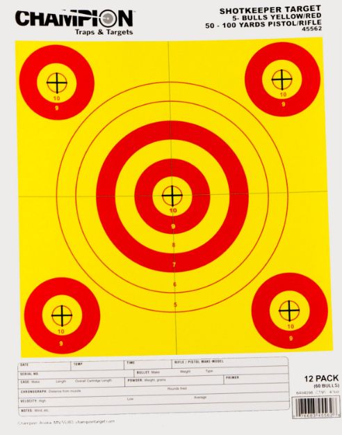 Picture of Champion Targets 45562 Shotkeeper  5-Bullseye 50-100 yds Pistol/Rifle Yellow/Red 12 PK