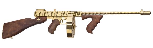 Picture of Thompson T150DTGTS 1927A-1 Deluxe 45 ACP Caliber with 16.50" Barrel, 20+1 Capacity (Stick), 50+1 Capacity (Drum), Gold w/Tiger Stripe Metal Finish, American Walnut Stock Wood Grip Right Hand