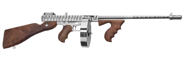 Picture of Thompson T150DCRTS 1927A-1 Deluxe 45 ACP Caliber with 16.50" Barrel, 20+1 Capacity (Stick), 50+1 Capacity (Drum), Hard-Chrome w/Tiger Stripe Metal Finish, American Walnut Stock Wood Grip Right Hand