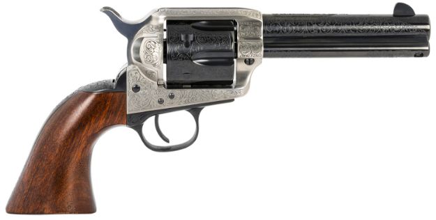 Picture of Taylors & Company 550924 1873 Cattleman 357 Mag Caliber with 4.75" Blued Floral Engraved Finish Barrel, 6rd Capacity Blued Finish Cylinder, Coin Photo Engraved Finish Steel Frame & Walnut Grip