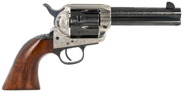 Picture of Taylors & Company 550925 1873 Cattleman 45 Colt (LC) Caliber with 4.75" Blued Floral Engraved Finish Barrel, 6rd Capacity Blued Finish Cylinder, Coin Photo Engraved Finish Steel Frame & Walnut Grip