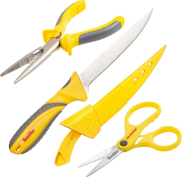 Picture of Smiths Products 51232 Mr. Crappie Fishing Combo 6" Fixed Fillet Plain 400 Stainless Steel Blade Gray/Yellow TPE Handle Features Braid Line Scissors/Pliers Includes Pliers/Scissors/Sheath