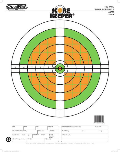 Picture of Champion Targets 45762 Score Keeper Sight-In Bullseye Paper Hanging 100 yds Small Bore Rifle Fluorescent Green & Orange/White 12 PK