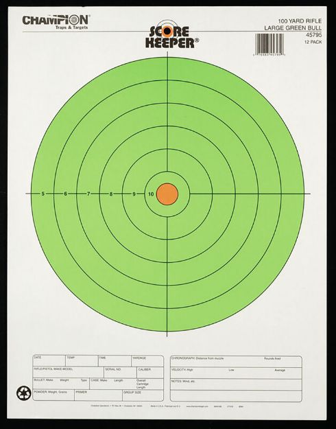 Picture of Champion Targets 45795 Score Keeper  Bullseye Paper Hanging 100 yds Rifle Large Fluorescent Green & Orange 12 PK