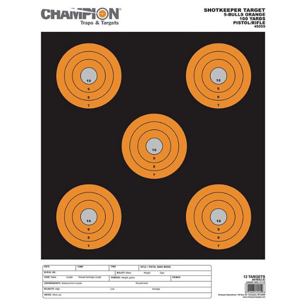 Picture of Champion Targets 45555 Shotkeeper  5" Bullseye Paper 100 yds Pistol/Rifle Large Black/Orange 12 PK