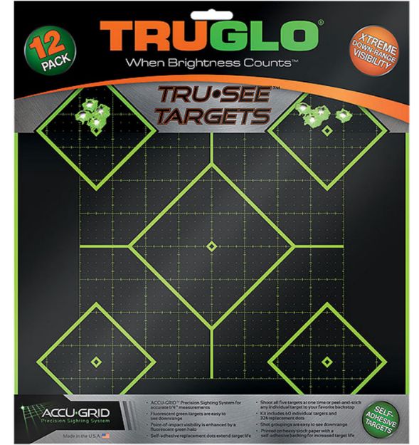 Picture of TruGlo TG14A12 Tru-See 5- Diamond Target Self-Adhesive Heavy Paper Black/Green 12"x12" 12 Pack