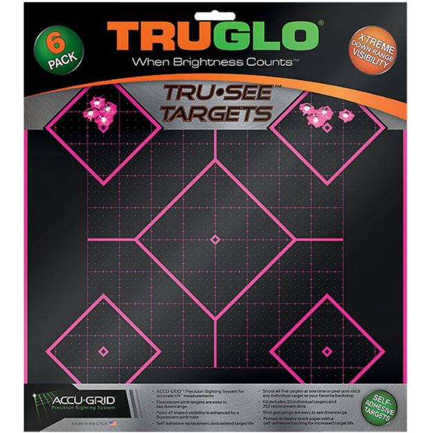 Picture of TruGlo TG14P6 Tru-See 5- Diamond Target Self-Adhesive Heavy Paper Black/Pink 12"x12" 6 Pack