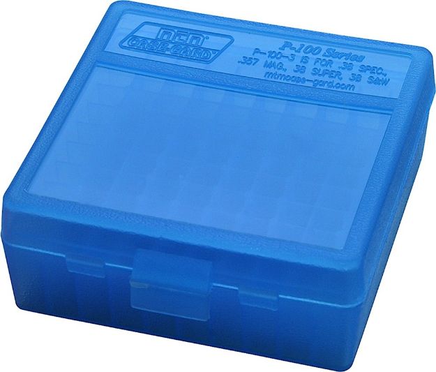 Picture of MTM Case-Gard P100324 Ammo Box Flip-Top Multi Caliber Handgun Clear Blue Polypropylene 100rd