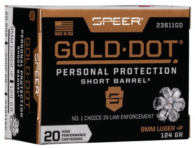 Picture of Speer 23611GD Gold Dot Personal Protection Short Barrel 9mmLuger+P 124gr Hollow Point 20 Per Box/10 Case