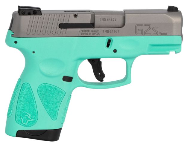 Picture of Taurus 1G2S939C G2S  Compact Frame 9mm Luger 7+1 3.26" Matte Stainless Steel Barrel, Matte Serrated Stainless Steel Slide, Cyan Polymer Frame w/Picatinny Rail & Polymer Grip, Right Hand