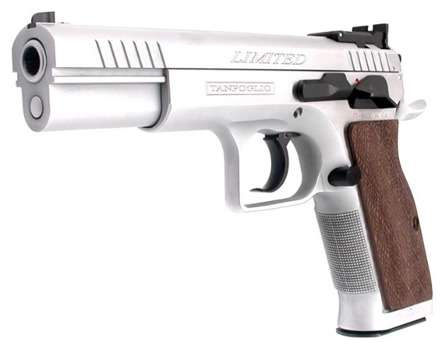 Picture of Tanfoglio IFG TF-LIMPRO-9SF Defiant Limited Pro 9mm Luger Caliber with 4.80" Barrel, 16+1 Capacity, Overall Hard Chrome Finish Steel, Beavertail Frame, Serrated Slide & Brown Polymer Grip