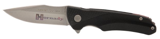 Picture of Hornady 99143   Folding Plain Satin w Laser Engraved Logo 420HC SS Blade Black GFN Handle Includes Pocket Clip