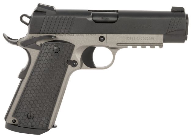 Picture of Girsan 392072 MC1911 C Untouchable Compact Frame 45 ACP 8+1 4.40" Black Steel Barrel, Black Serrated Steel Slide, Stainless Steel Frame w/Beavertail & Picatinny Rail, Black Polymer Grip