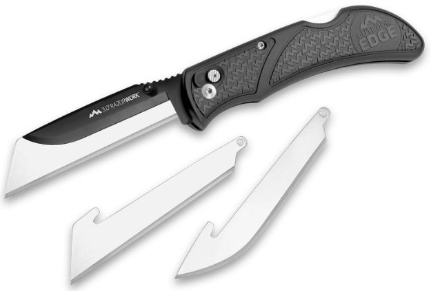 Picture of Outdoor Edge RW3060C RazorWork  3" Folding Drop Point/Utility Plain/Gut Hook Black Satin 420J2 SS Blade, Gray Nonslip Gray Grivory w/TPR Inserts Handle