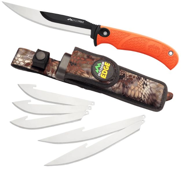 Picture of Outdoor Edge RMB20C RazorMax  6 Blades, 3.50" Drop Point/5" Boning Fillet Folding Plain Satin/Black Oxide 420J2 SS Blades, Blaze Orange Textured TPR Handle