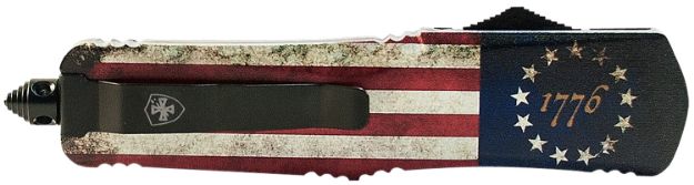 Picture of Templar Knife MBRF331 1776 Gen II Slim 3.43" OTF Drop Point Plain Black Oxide Stonewashed Black 440C SS Blade/5.05" Betsy Ross Flag Aluminum Handle Features Glass Breaker Includes Pocket Clip/Sheath