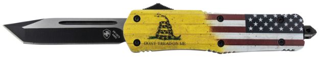 Picture of Templar Knife LDTOM231 Don't Tread on Me Gen II Large 3.50" OTF Tanto Plain Black 440C SS Blade Red,White,Blue,Yellow Zinc Aluminum Alloy Handle Features Glass Breaker/Pocket Clip