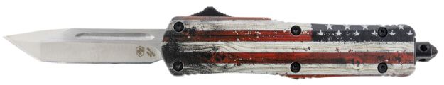 Picture of Templar Knife SWUS232 Wood US Flag Gen II Small 2.69" OTF Tanto Plain Powder Coated 440C SS Blade/ 4.31" Painted Wood Grain US Flag Aluminum Handle Features Glass Breaker Includes Pocket Clip/Sheath