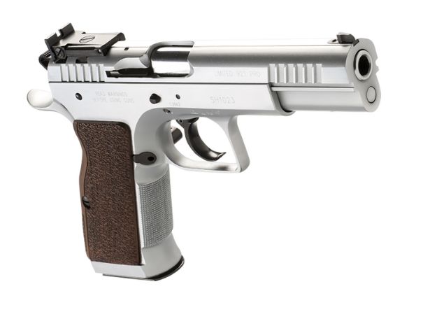 Picture of Tanfoglio IFG TF-LIMPRO-38 Defiant Limited Pro 38 Super Caliber with 4.80" Barrel, 17+1 Capacity, Overall Hard Chrome Finish Steel, Beavertail Frame, Serrated Slide & Brown Polymer Grip