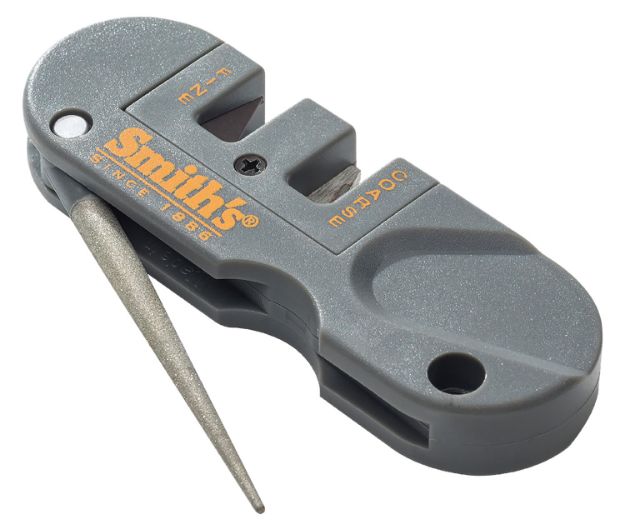 Picture of Smiths Products PP1 Pocket Pal Knife Sharpener Hand Held Fine, Medium, Coarse Carbide, Ceramic, Diamond Sharpener Plastic Handle Gray