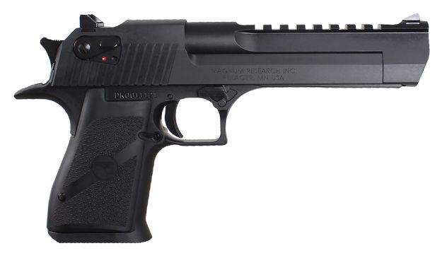 Picture of Magnum Research DE50 Desert Eagle Mark XIX 50 AE Caliber with 6" Picatinny Rail Barrel, 7+1 Capacity, Overall Black Finish Carbon Steel, Beavertail Frame, Serrated Slide & Rubber Grip