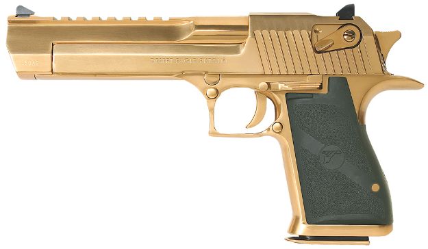 Picture of Magnum Research DE50TG Desert Eagle Mark XIX 50 AE Caliber with 6" Picatinny Rail Barrel, 7+1 Capacity, Overall Titanium Gold Finish Carbon Steel, Beavertail Frame, Serrated Slide & Black Rubber Grip