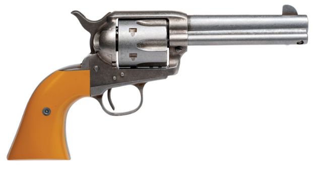 Picture of Cimarron RS410 Hollywood Series Rooster Shooter 45 Colt (LC) 6 Shot, 4.75" Trail Worn Blued Steel Barrel, Cylinder & Frame, Wide Front Sight, Aged-Looking Orange Finger Grooved Grip