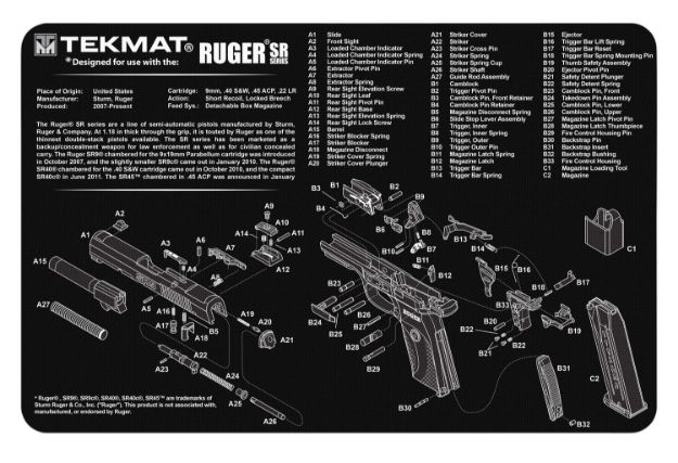 Picture of TekMat TEKR17RUGERSR9 Ruger SR 9 Cleaning Mat Black/White Rubber 17" Long