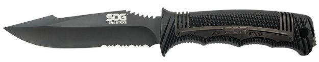 Picture of S.O.G SOGSS1003CP Seal Strike 4.90" Fixed Clip Point Part Serrated AUS-8A SS Blade Black Textured GRN/SS Handle Includes Belt Clip/Sheath