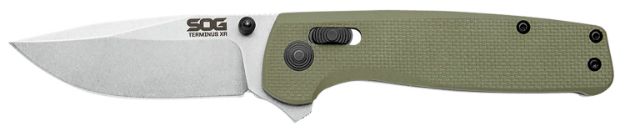 Picture of S.O.G SOGTM1022BX Terminus XR 2.95" Folding Clip Point Plain Stonewashed BD1 Steel Blade Olive Drab Textured G10 Handle Features Box Packaging Includes Pocket Clip