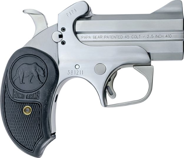 Picture of Bond Arms BAPB Papa Bear  45 Colt (LC)/410 Gauge 2rd 3" Stainless Steel Double Barrel & Frame, Auto Extractors & Rebounding Hammer, Blade Front/Fixed Rear Sights, Extended Rubber Grip, Manual Safety