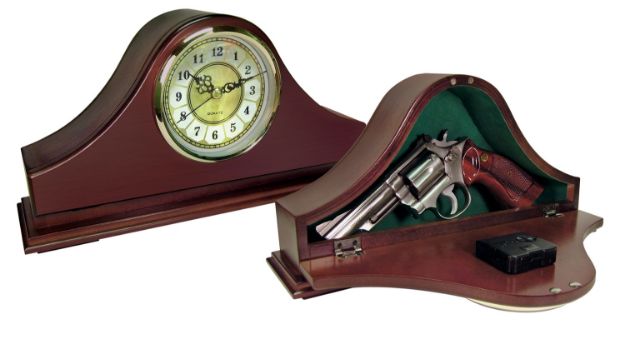 Picture of Peace Keeper MGC Mantle Gun Clock  Front Panel Entry Mahogany Stain Wood Holds 1 Handgun 14.62" L x 7.37" H x 3.75" D