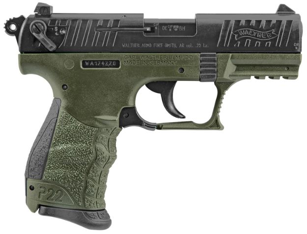 Picture of Walther Arms 5120338 P22 Military *CA Compliant 22 LR 10+1 3.42" Matte Black Tenifer Serrated/Steel Slide, OD Green Polymer Frame w/Picatinny Rail, OD Green Interchangeable Backstrap Grips