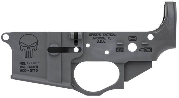 Picture of Spikes STLS015 Punisher Stripped Lower Receiver Multi-Caliber 7075-T6 Aluminum Black Anodized for AR-15