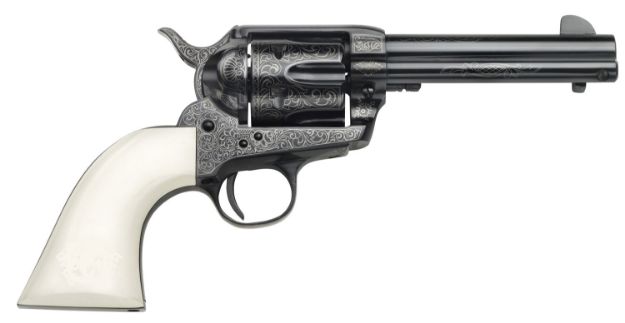 Picture of Taylors & Company 200059 1873 Cattleman Outlaw Legacy 357 Mag Caliber with 4.75" Barrel, 6rd Capacity Cylinder, Overall Blued Engraved Finish Steel & Ivory Synthetic Grip