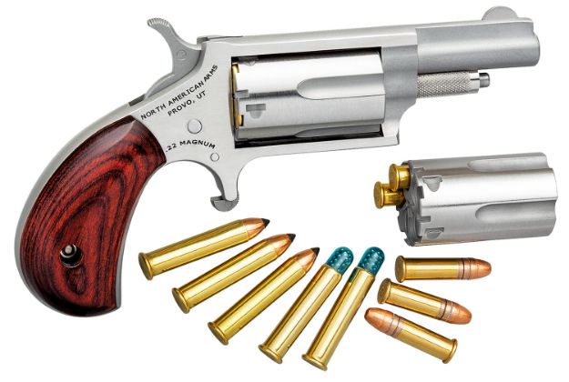 Picture of North American Arms 22MC Mini-Revolver  22 LR or 22 WMR 5 Shot 1.63" Barrel, Overall Stainless Steel Finish, Rosewood Grip Includes Cylinder