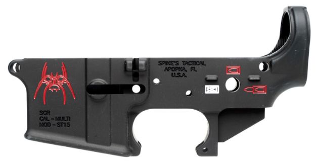 Picture of Spikes STLS019CFA Spider Stripped Lower Receiver Multi-Caliber 7075-T6 Aluminum Black Anodized with Color Fill for AR-15