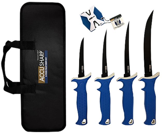 Picture of AccuSharp 737C Knife Kit  4.75/5.50/6.50/8" Fixed Fillet Plain Satin Stainless Steel Blade/ Blue Non-Slip Grip TPR Handle Includes 2-Step Sharpener