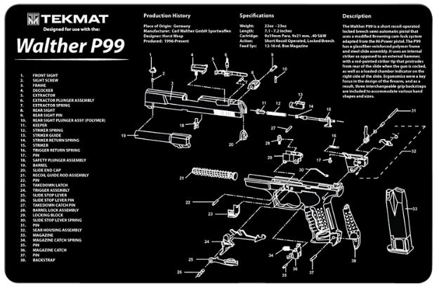 Picture of TekMat TEKR17WALP99 Walther P99 Cleaning Mat Walther P99 Parts Diagram 11" x 17"