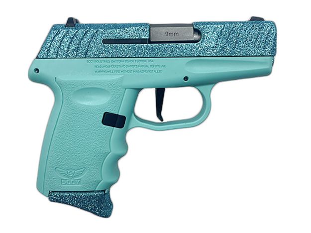 Picture of SCCY Industries DVG1CYBSB DVG-1  Sub-Compact Frame 9mm Luger 10+1 3.10" Stainless Quadlock Barrel Cystal Blue Glitter Optic Ready/Serrated Stainless Steel Slide, Crystal Blue Polymer Frame & Grip