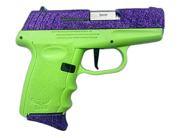 Picture of SCCY Industries DVG1DFLG DVG-1  Sub-Compact Frame 9mm Luger 10+1 3.10" Stainless Quadlock Barrel, Purple Glitter Optic Ready/Serrated Stainless Steel Slide, Lime Green Polymer Frame & Grip