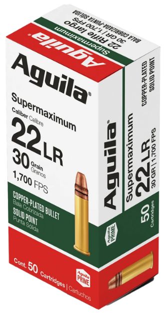 Picture of Aguila 1B220298 Supermaximum Rimfire 22LR 30gr Copper Plated Solid Point 50 Per Box/20 Case