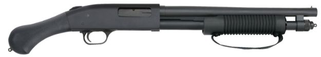 Picture of Mossberg 50657 590 Shockwave 20 Gauge 5+1 3" 14.375" Heavy Barrel, Blued Metal Finish, Dual Extractors, Drilled & Tapped Receiver, Corncob Forend w/Strap,  Raptor Birdshead Grip Stock