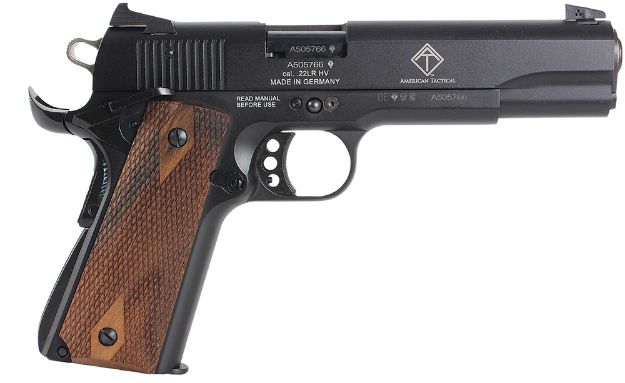 Picture of GSG GSG2210M1911CA 1911 *CA Compliant 22 LR 10+1 5" All Black Anodized Steel Barrel, Serrated Slide, Zinc Alloy w/Beavertail Frame, Double Diamond Walnut Grip