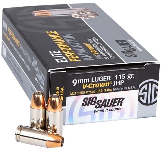 Picture of Sig Sauer E9MMA1COMP50 Match Elite Competition  9mmLuger 115gr V-Crown Jacketed Hollow Point 50 Per Box/20 Case